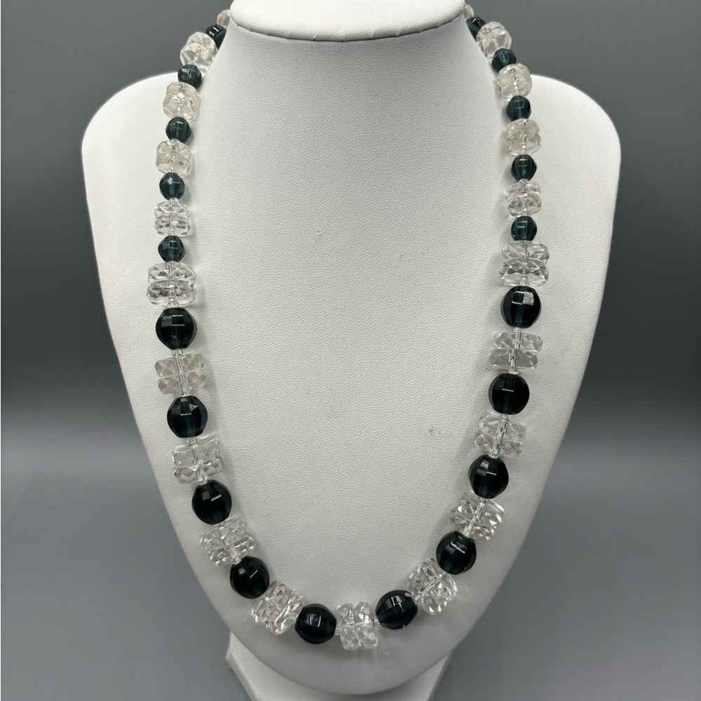 Vintage Czech Clear &  dark Blue Glass Bead Necklace JP137